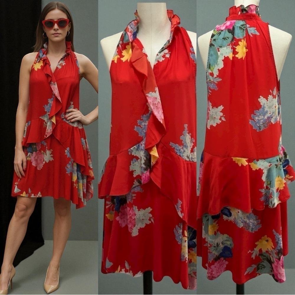 128 H&M | EUC Red Floral Halter Ruffle High-Low Dress (Size 6)